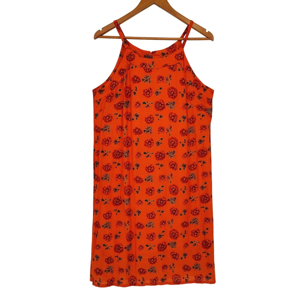 Lapogee Orange Floral Boho Mini Shift Dress Rayon Halter Sleeveless Womens Large